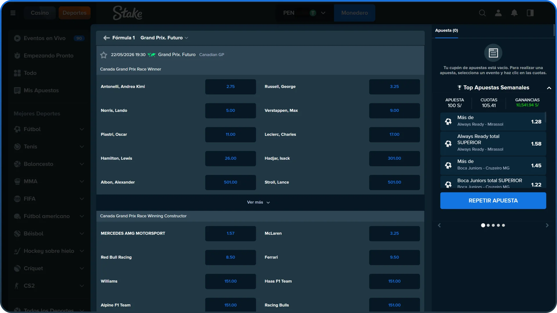 Seleccioná el Gran Premio de automovilismo en el que quieras jugar en Stake.