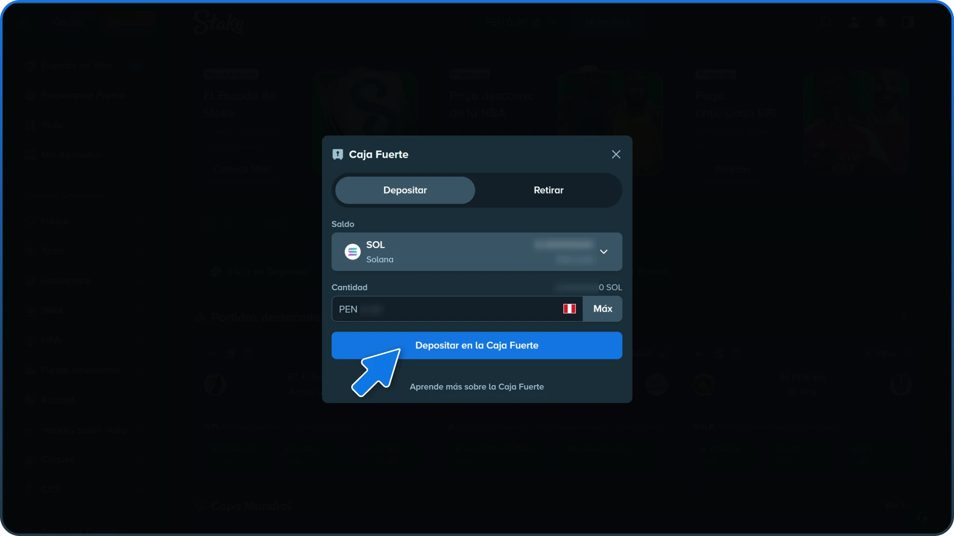 Realiza un depósito seleccionando el método de pago de tu preferencia en Stake.