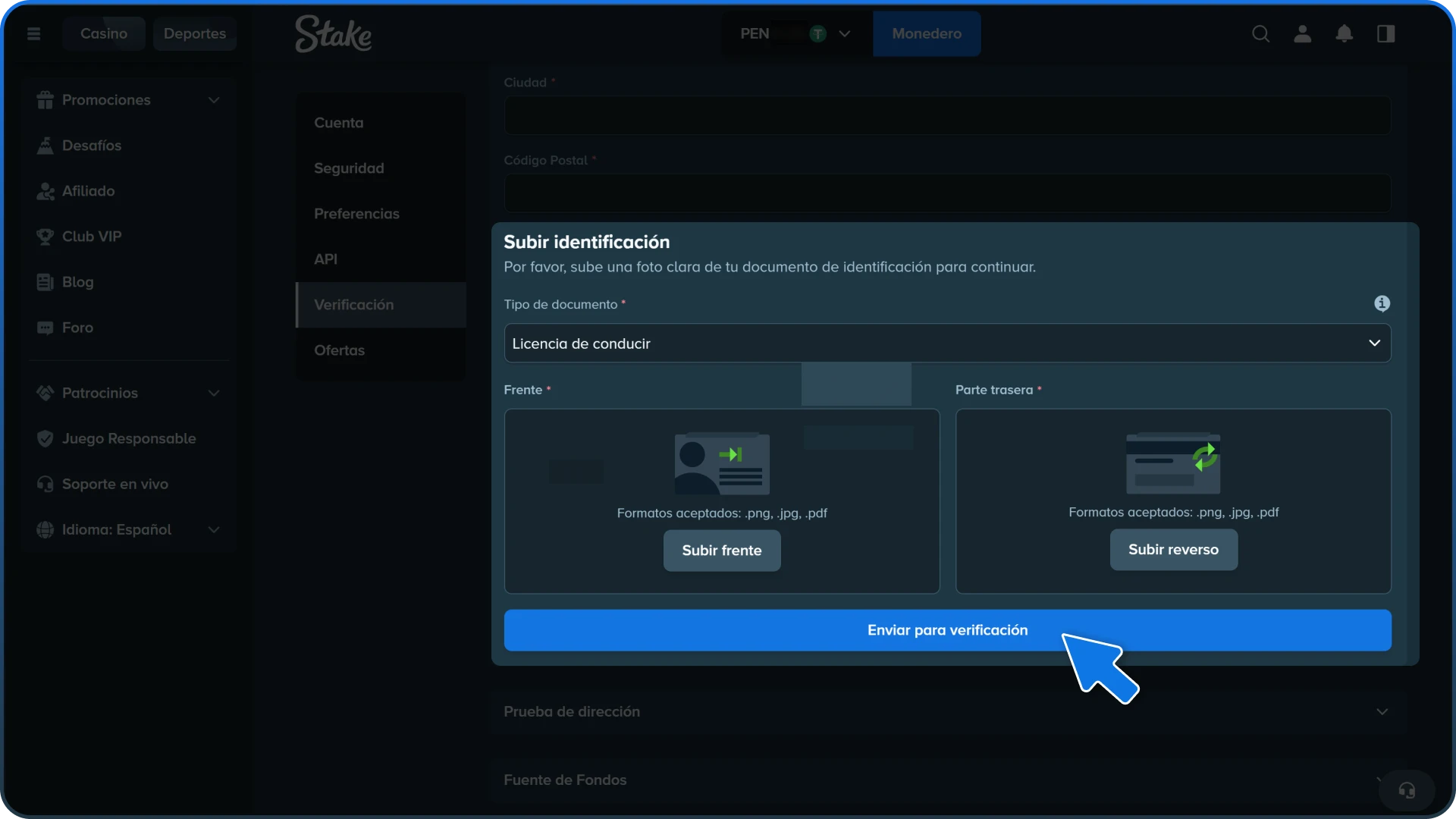 Verifica tu identidad subiendo los documentos requeridos en el perfil de Stake.